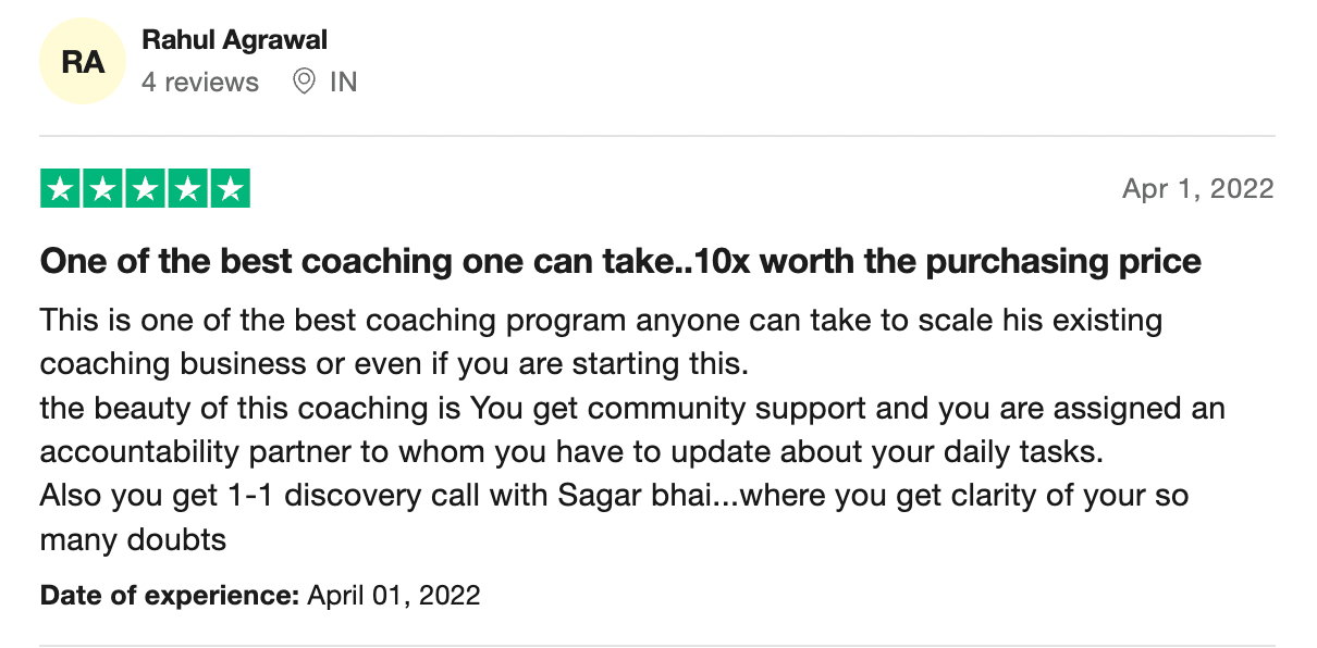 Rahul Agrawal Testimonial Trustpilot