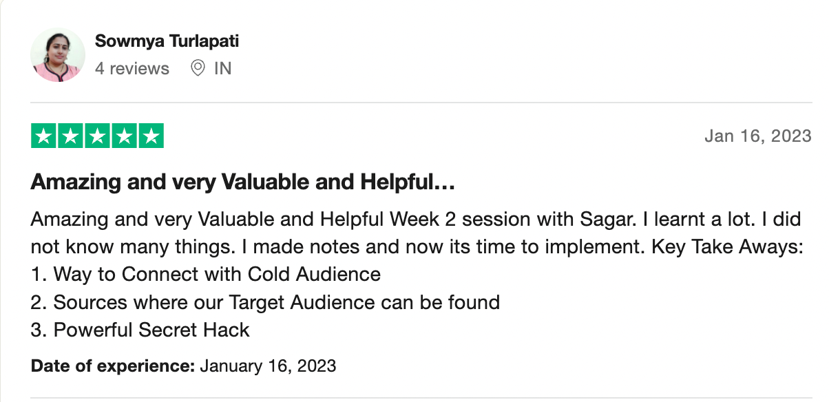 Sowmya Testimonial Trustpilot